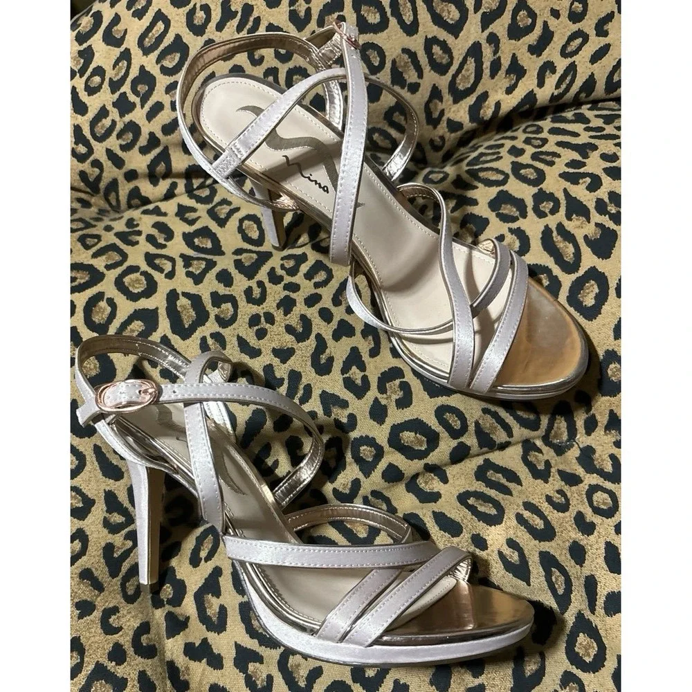 Nina Blush Pink & Rose Gold Formal Strappy Stiletto Sandals Heels,‎ 9.5